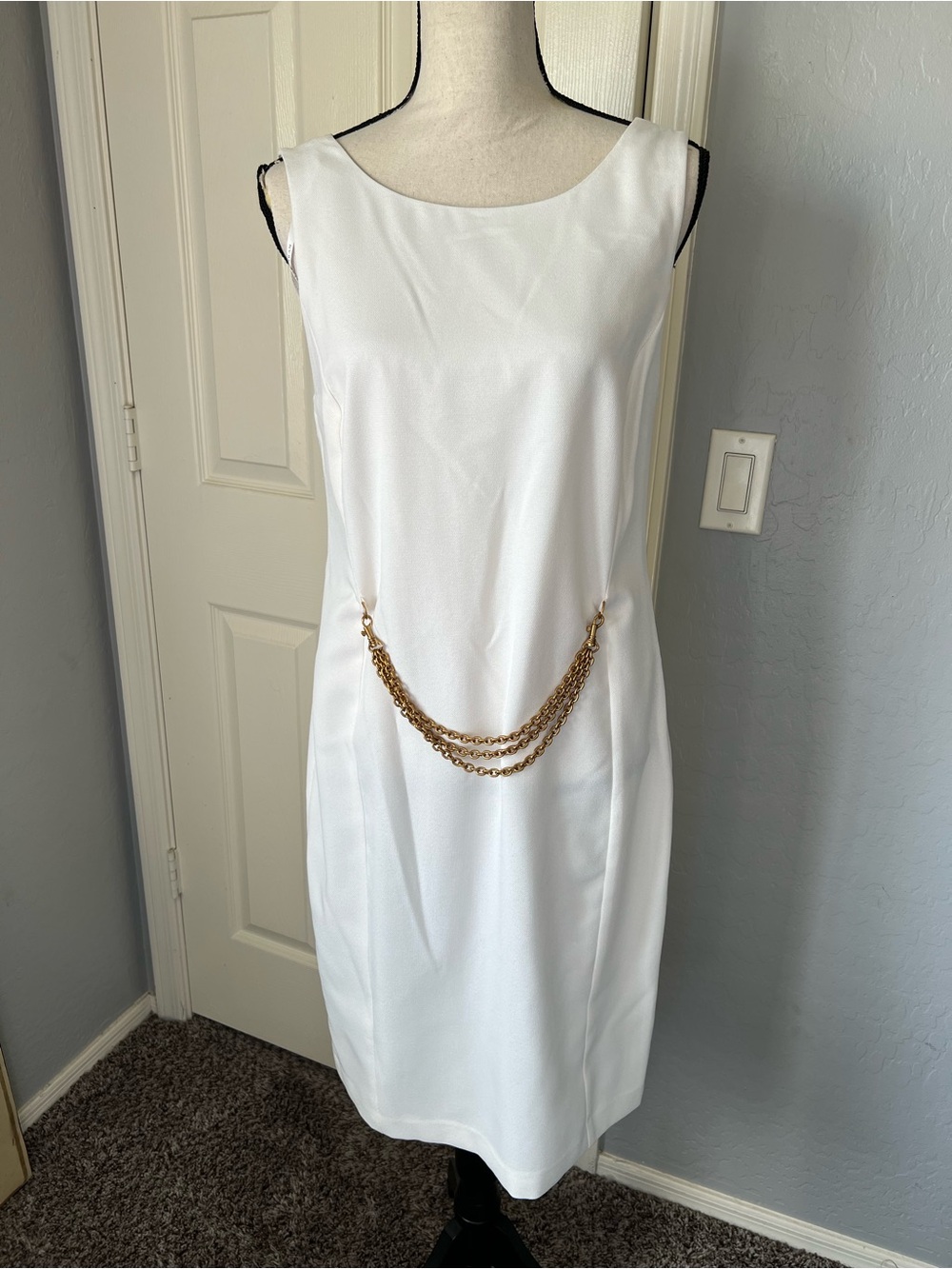 Donna Karan White Sleeveless Sheath Dress with Gold Chain Detail